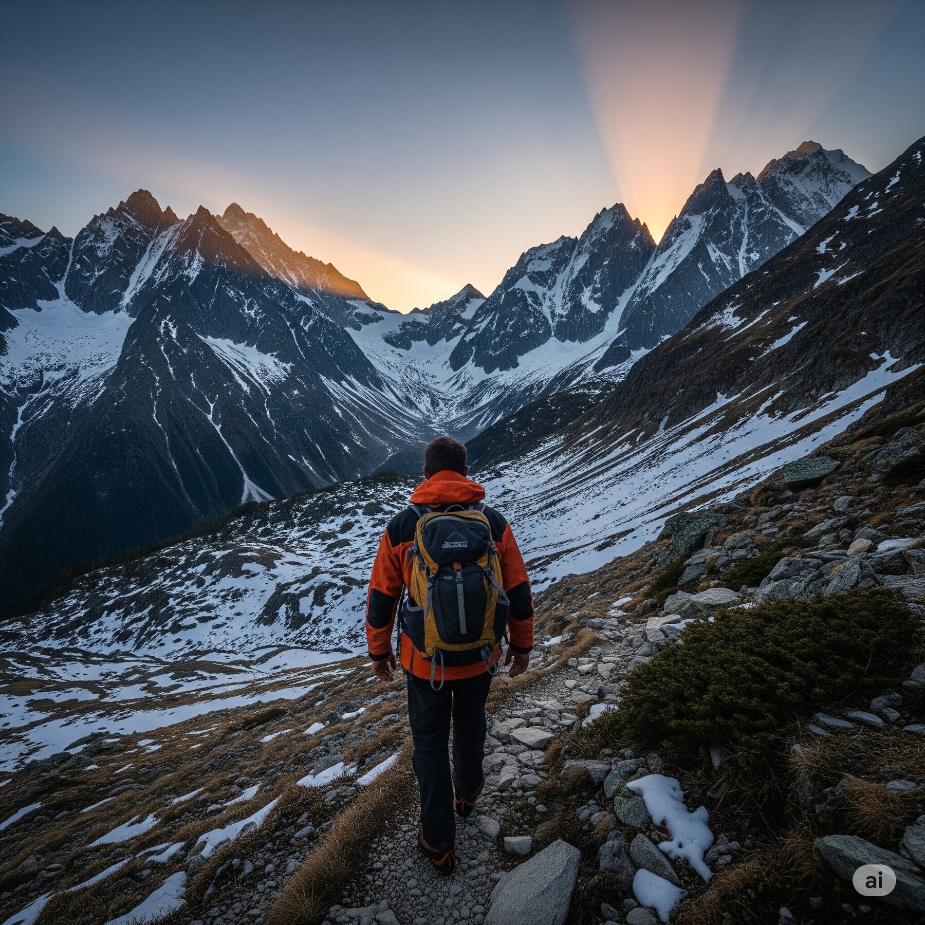 A lone hiker pausing before vast snow-capped mountains at dawn, finding clarity in stillness