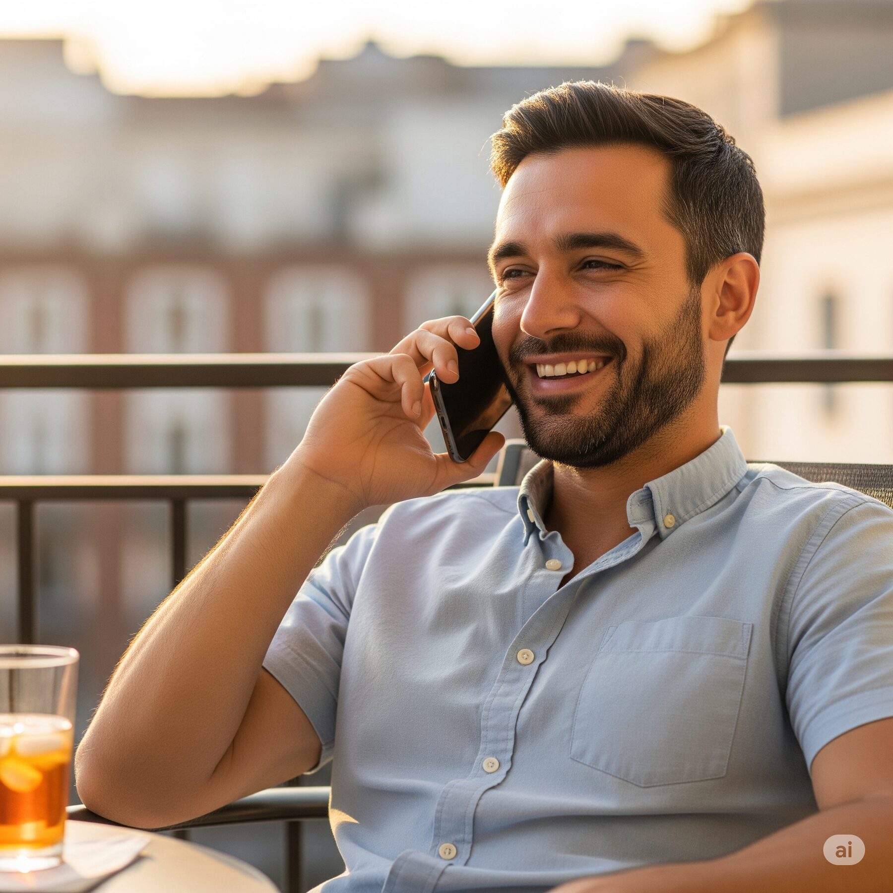 A man speaking freely and openly on the phone, at ease