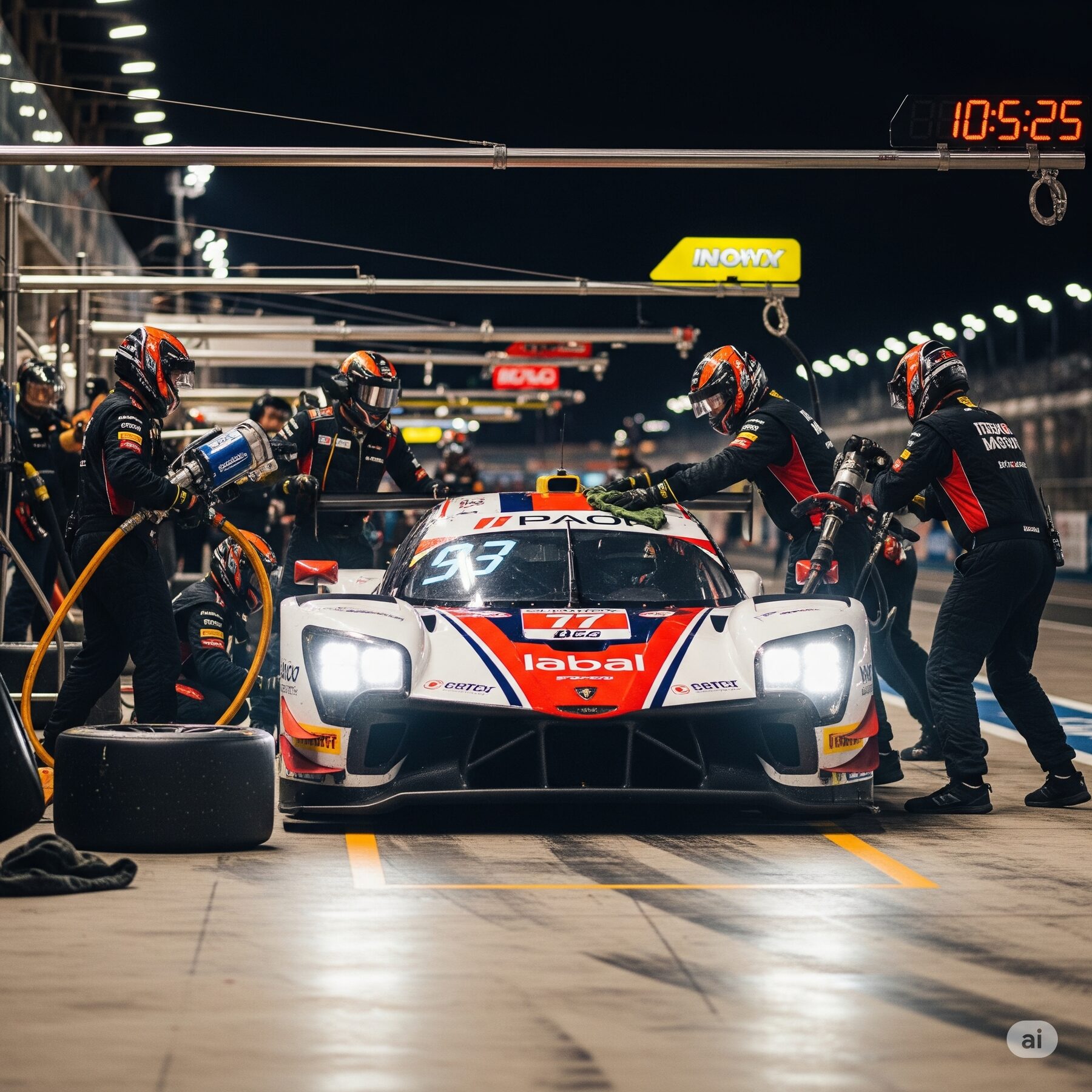 A precision pit crew working in perfect coordination during a race, representing high-stakes decisions made under pressure